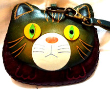 Leather Cat Change Purse Magnetic Closure Zipper 3D 4" x 4.5" Wristband