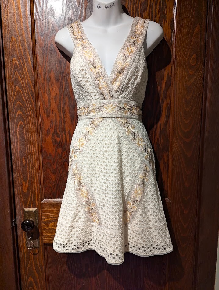 BCBG MAXAZRIA Fauve Lace Dress $368 NWT cream & embroidery boho chic mini 2  4F | eBay