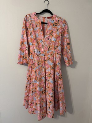 MAX&Co Orange Citrus Floral Fit & Flare Dress Womens Large Tie Waist 3/4 Sleeve