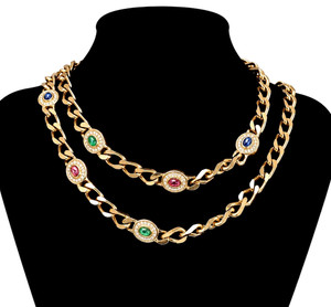 Authentic Vintage Christian Dior Long 34 Inch Gemstone Gold Plated Link Necklace