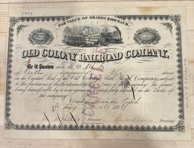 Old Colony Railroad Stock 1870 s signed Gov Onslow Stearns & RR Tycoon Boston MA