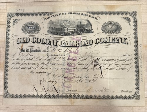Old Colony Railroad Stock 1870βs signed Gov Onslow Stearns & RR Tycoon Boston MA