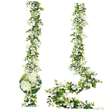 6FT Eucalyptus Garland with Flowers Artificialery Garland Hanging 2 Pack Green