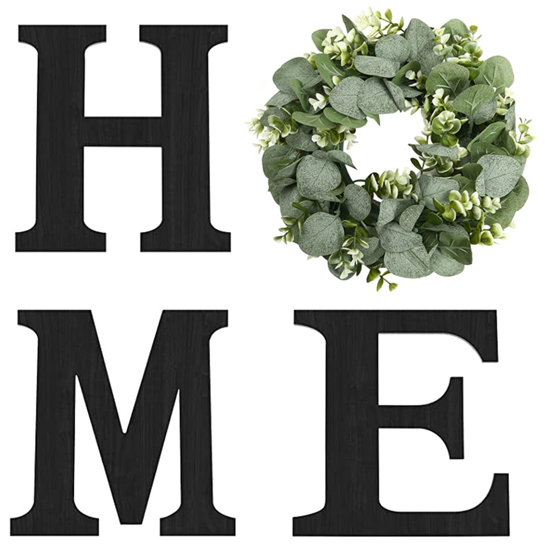 Wood Home Sign with Artificial Eucalyptus Wreath for O, Hanging Farmhouse Wal...