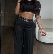 alo Navy Wide-Leg Activewear Pants S Elastic Waist Pockets Women