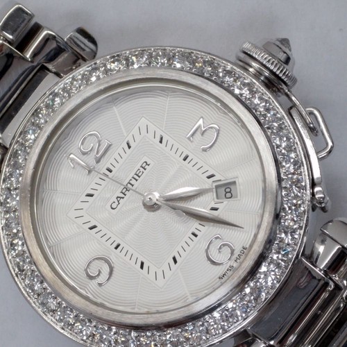 W/Papers Cartier Pasha Midsize 32 mm 18K White Gold Diamond Be...