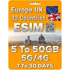 Europe UK Travel Prepaid eSIM| 5-50GB | 7-30 days