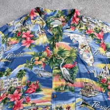 Vintage Paradise Found Shirt Mens XL Blue Hawaiian Florida Heron Flamingo Beach