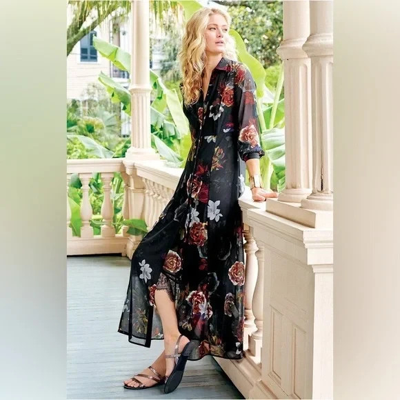 Soft Surroundings 2pc Black Floral Button Down Shirt Maxi + Slip Dress M = 10/12