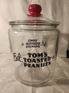 Vintage Eat Tom's Toasted Peanuts 5cent Clear Glass Jar Display w/ Original Lid