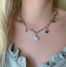 Hello Kitty Charm Necklace   Silver Barbed Wire Chain with Dangling Kitty Charms