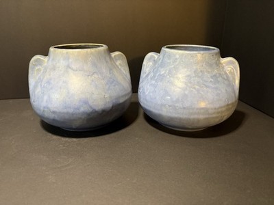 Vintage Pair Brush McCoy Fawn Double Handled Vases Blue Vellum Art Pottery 4.75 