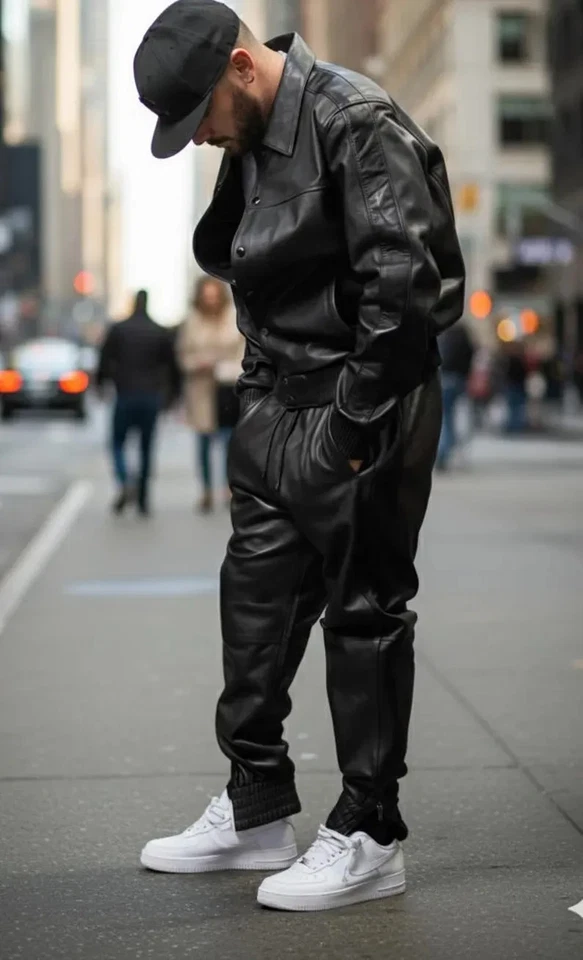 Chándal de cuero real para hombre - Hecho a mano Jogging Gimnasio Ropa Conjunto completo Chaqueta y pantalones Foto 3 de 4