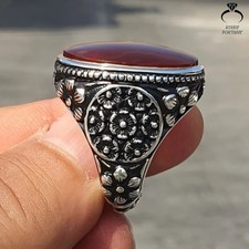 Authentic Yemeni Aqeeq Red Agate Ring Natural Handmade Unique Design Jewelry