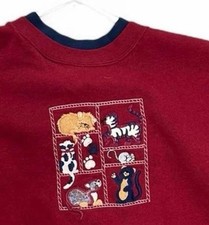 Vintage Cat Embroidered Crewneck Sweatshirt 1X Red Cozy Animal Graphic 90s XL