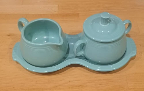 Fiesta Seamist Green Ceramic Creamer & Sugar Set with Tray Pottery Handles