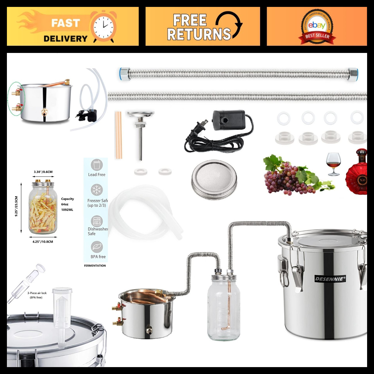 5 Gallon Alcohol Distiller Kit - Stainless Steel Pot, Glass Thumper, Copper Coil
