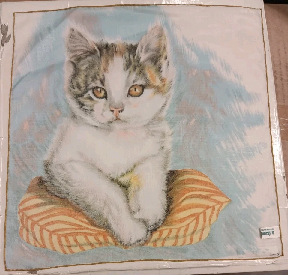 Vintage Handkerchief Hankie Skandia Print Cotton Cat Kitten Calico  12" - Изображение 2 из 4