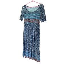 Bohemian Floral Maxi Dress Women's Blue Short Sleeve Scoop Neck Casual Vacation