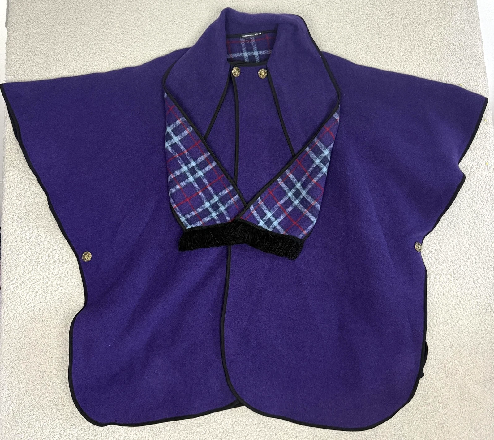 Tartan Plaid Wool Cape Womens OS Purple Reversible Poncho Wrap Made Britain