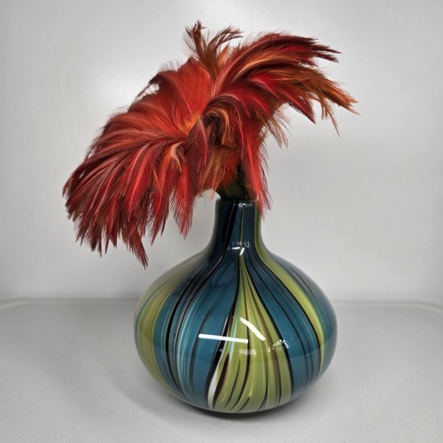 Vintage Art Glass Murano Style Bulb Vase Green Blue Swirl Wave Glass Blue Whimsy - Picture 3 of 21