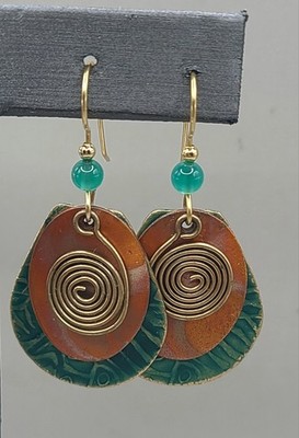 Vtg Silver Forest VT Goldtone Brass Layered Teal Copper Hook Earrings 1''