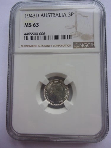 18SCS55 Australia silver 3 pence 1943 D NGC MS63
