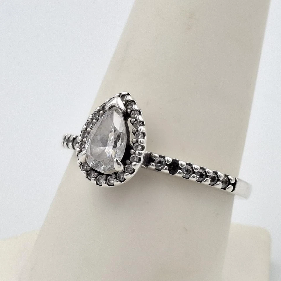 *FALTA 1 PIEDRA* Anillo Pandora 925 ALE Plata Esterlina Brillante Pera Circonita cúbica Halo 9.25 Foto 3 de 4
