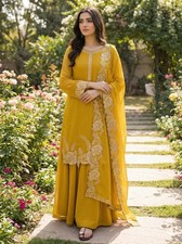 Party Wear Yellow Faux Georgette Top Palazzo Dupatta Set For Women  Girls
