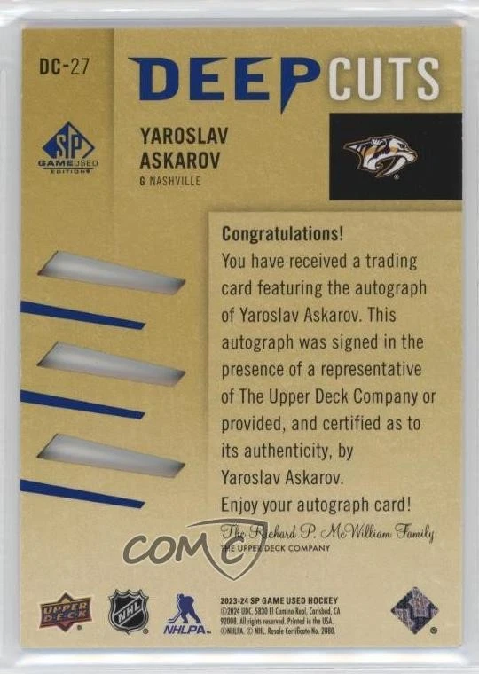 2023-24 SP Game Used Deep Cuts /75 Tier 1 Yaroslav Askarov #DC-27 Rookie Auto RC - Image 2 of 2
