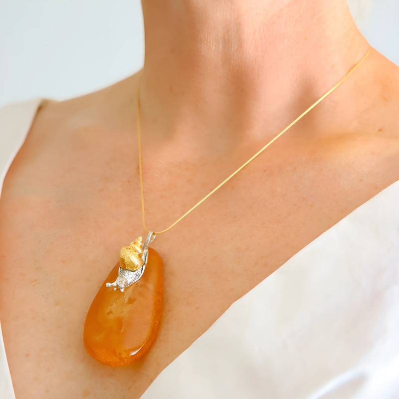 Baltic Amber Snail Statement Necklace 14k Gold Plated S925 - Product main view