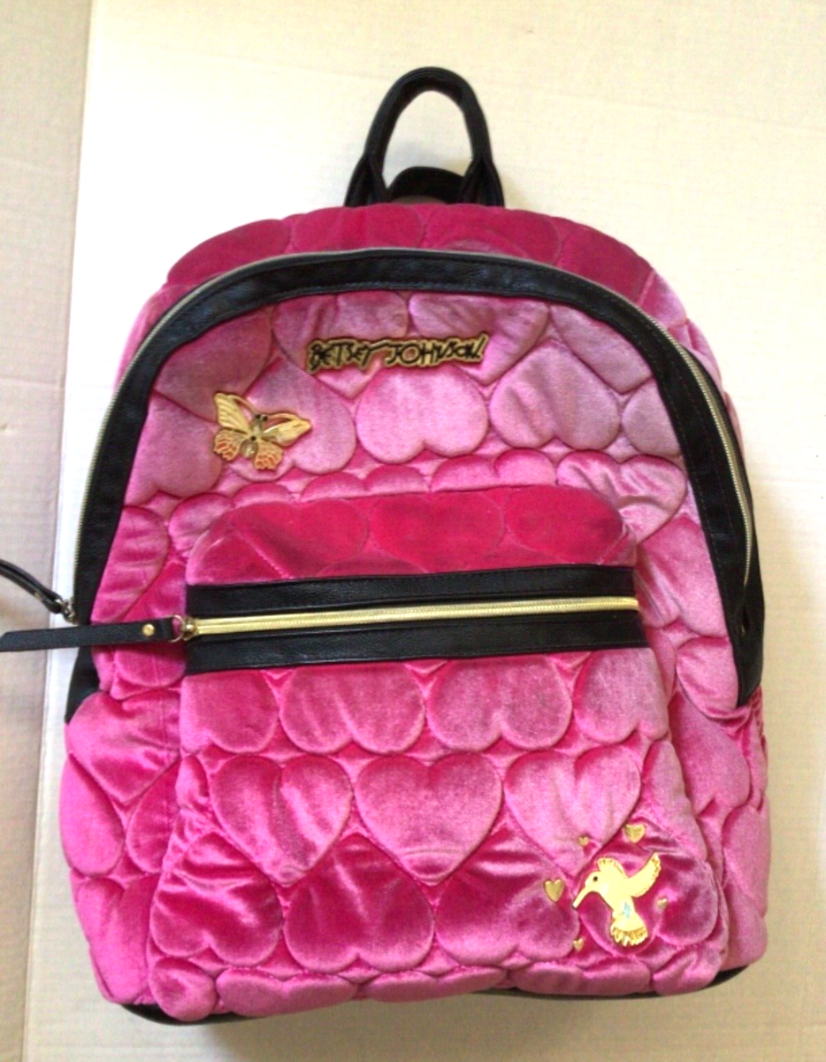 Betsey Johnson Quilted Hearts Velvet Hot Pink Fuchsia Backpack