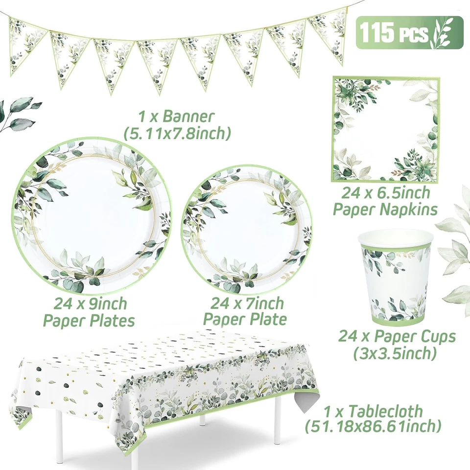 Platos de papel verde salvia tazas y servilletas con mantel y pancarta, por favor para baby shower Foto 2 de 4