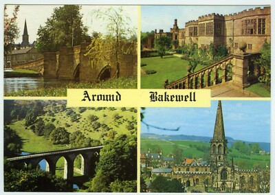 1970er Jahre um Bakewell Postkarte Brücke Kirche Haddon Hall Monsal Dale unbesendet