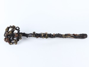 Antique Chinese Sandalwood Ruyi Scepter inlay Shoushan Stone Pine Bamboo Flower
