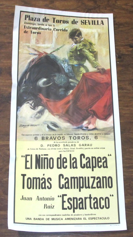 Vintage Plaza Toros de Sevilla Spain BULLFIGHT Advertising POSTER 13x27” Litho