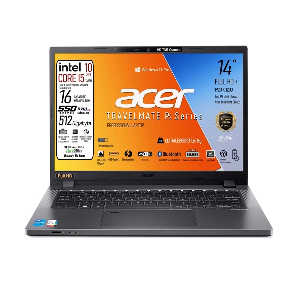 Acer TravelMate P2 i5 13th SSD 512GB RAM 16 GB 14" FullHD+ Retro Fing Win11Pro