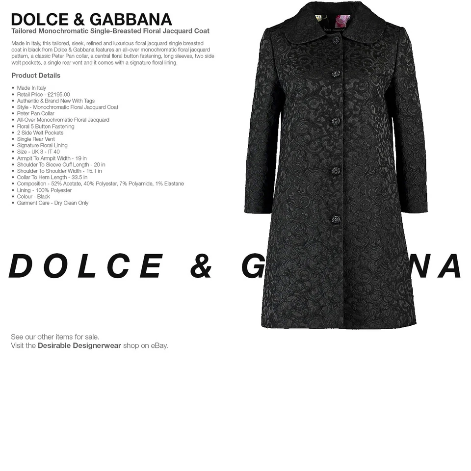 DOLCE & GABBANA Coat Floral Princess Coat Jacquard Black Size 40 - RP £2195.00 - Image 2 of 4
