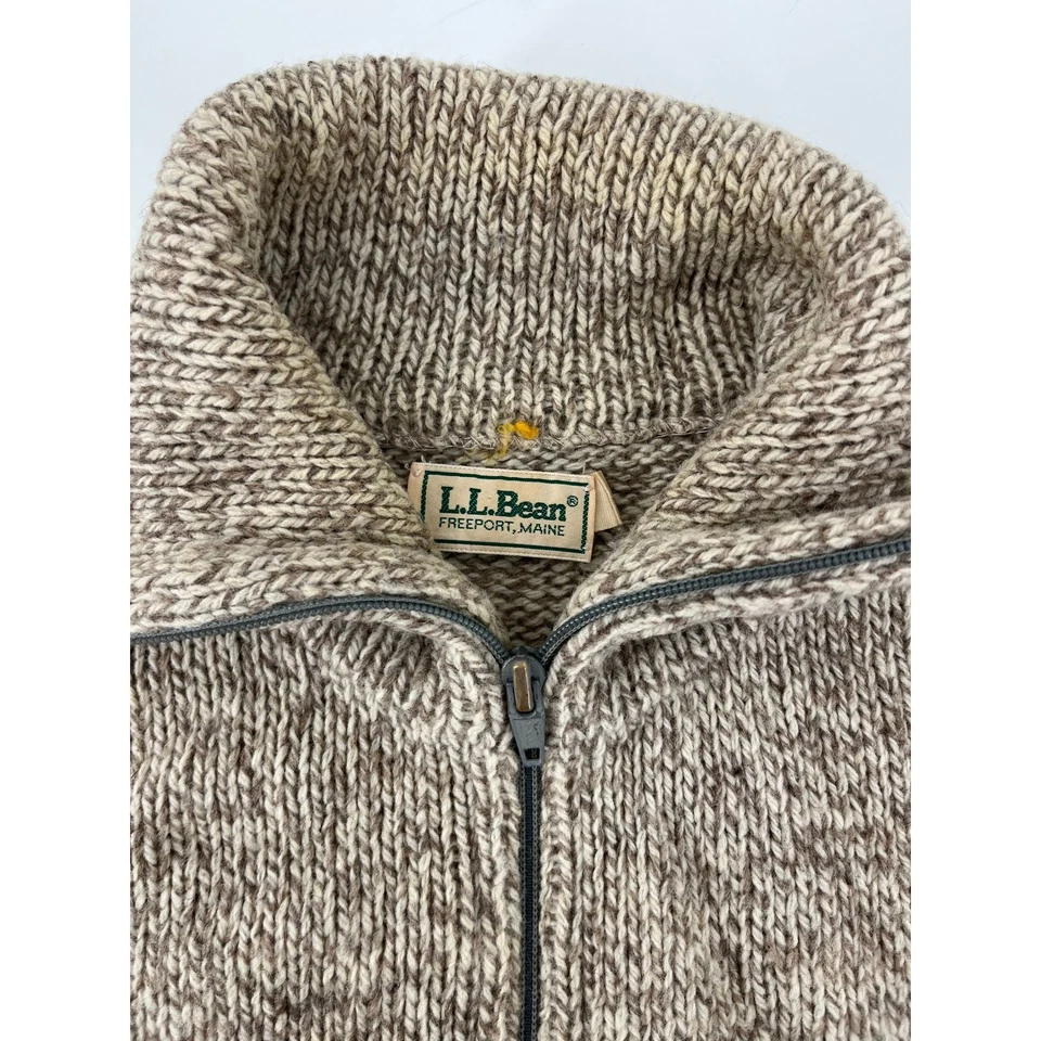 LL Bean 70-х 80-х вязаный полный молнии свитер коричневый желтовато-коричневый кардиган шерсти дедушка США XL - Изображение 4 из 4