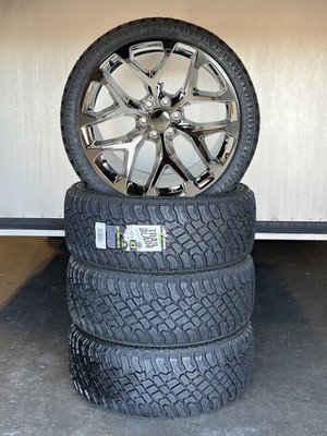 24'' Chrome Snowflake Wheels Rugged Terrain Tires Silverado Tahoe Sierra Yukon