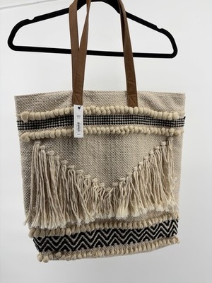 Sonoma Goods For Life Large Canvas Folk Boho Art Deco Macrame Tote Handbag NWT