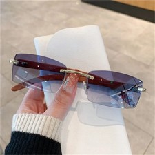 Rimless Square Sunglasses Wooden Pattern UV400 Unisex Retro Travel Eyewear
