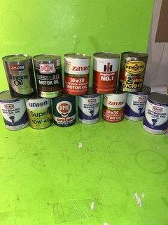 (12) VTG Quart Oil Cans & Banks. IH Zayre Union 84 Dryden RPM Texaco