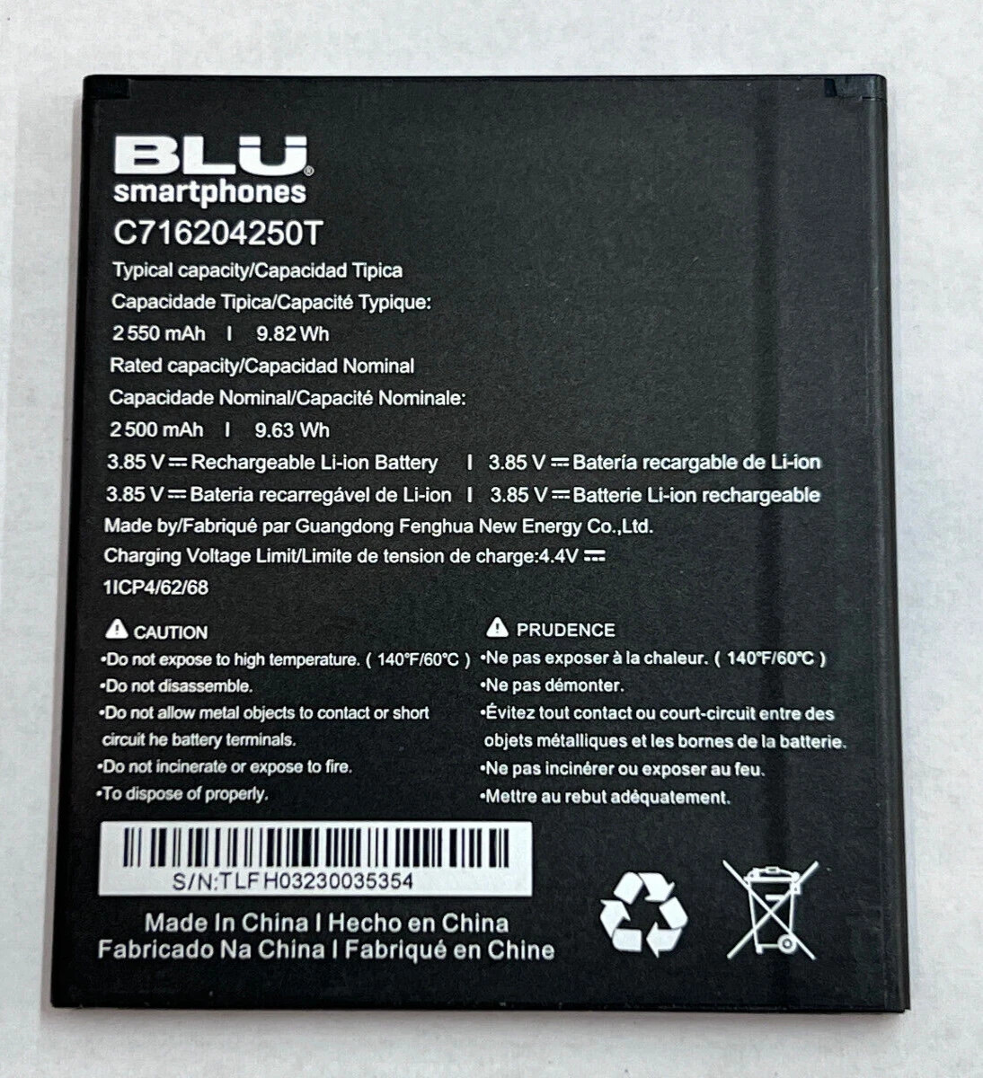 OEM BLU STUDIO MINI 2023 ST1020T REPLACEMENT BATTERY C716204250T 2550mAh 9.82Wh