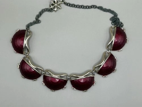 Vintage Art Deco Style Red Glass Cabochon Necklace Silver-Tone Statement Jewelry