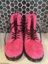 New Kids Dr Martens Junior 1460 Pascal Pink Tinsel Fur Lace Up Boots Size 3 Y
