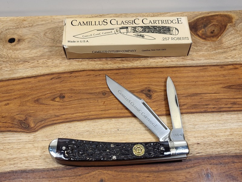 VINTAGE CAMILLUS (CCC-4) .257 ROBERTS CARTRIDGE BONE "BANANA TRAPPER" KNIFE- MIB
