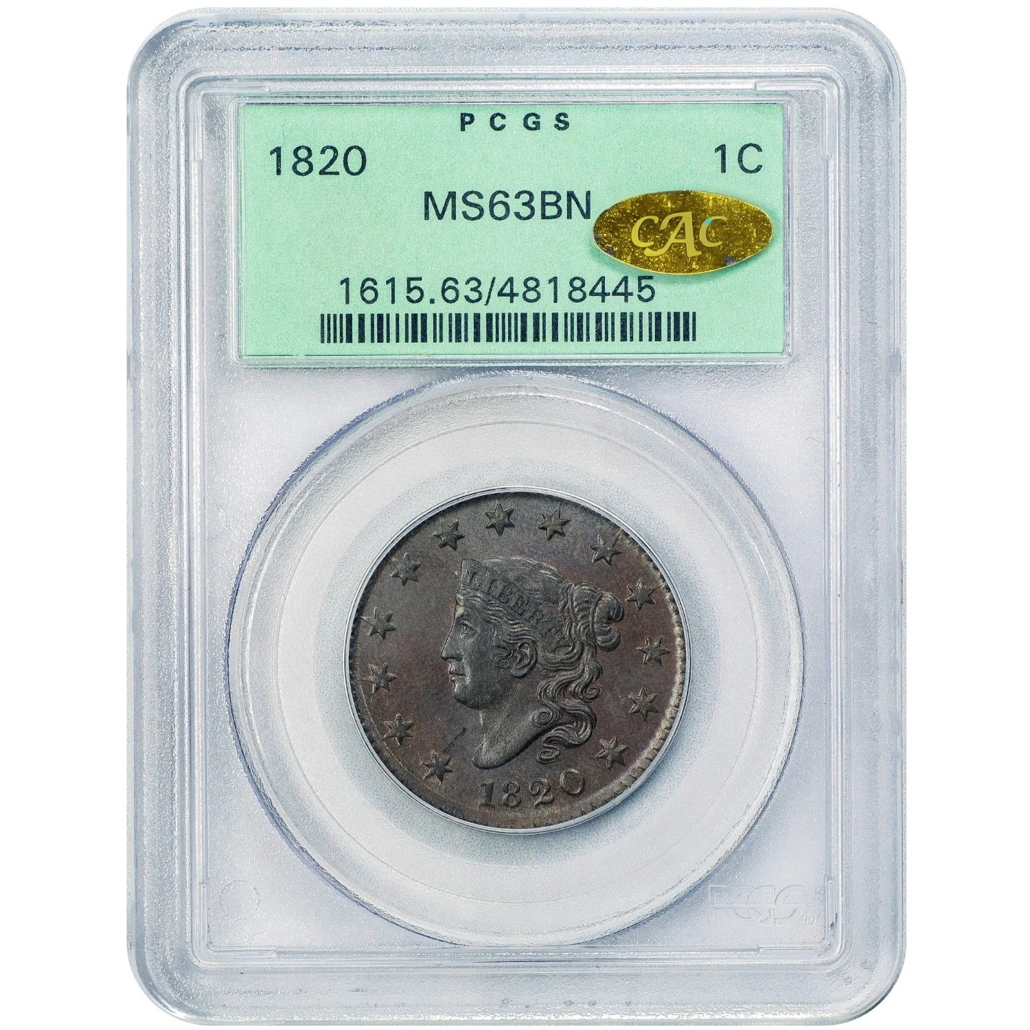 1820 1C SMALL DATE MS63 BN OGH PCGS GOLD CAC Coronet Head Cent