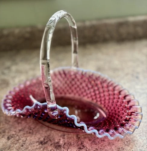 Vintage Fenton Hobnail Plum Opalescent Glass Basket Limited Produced Color Rare