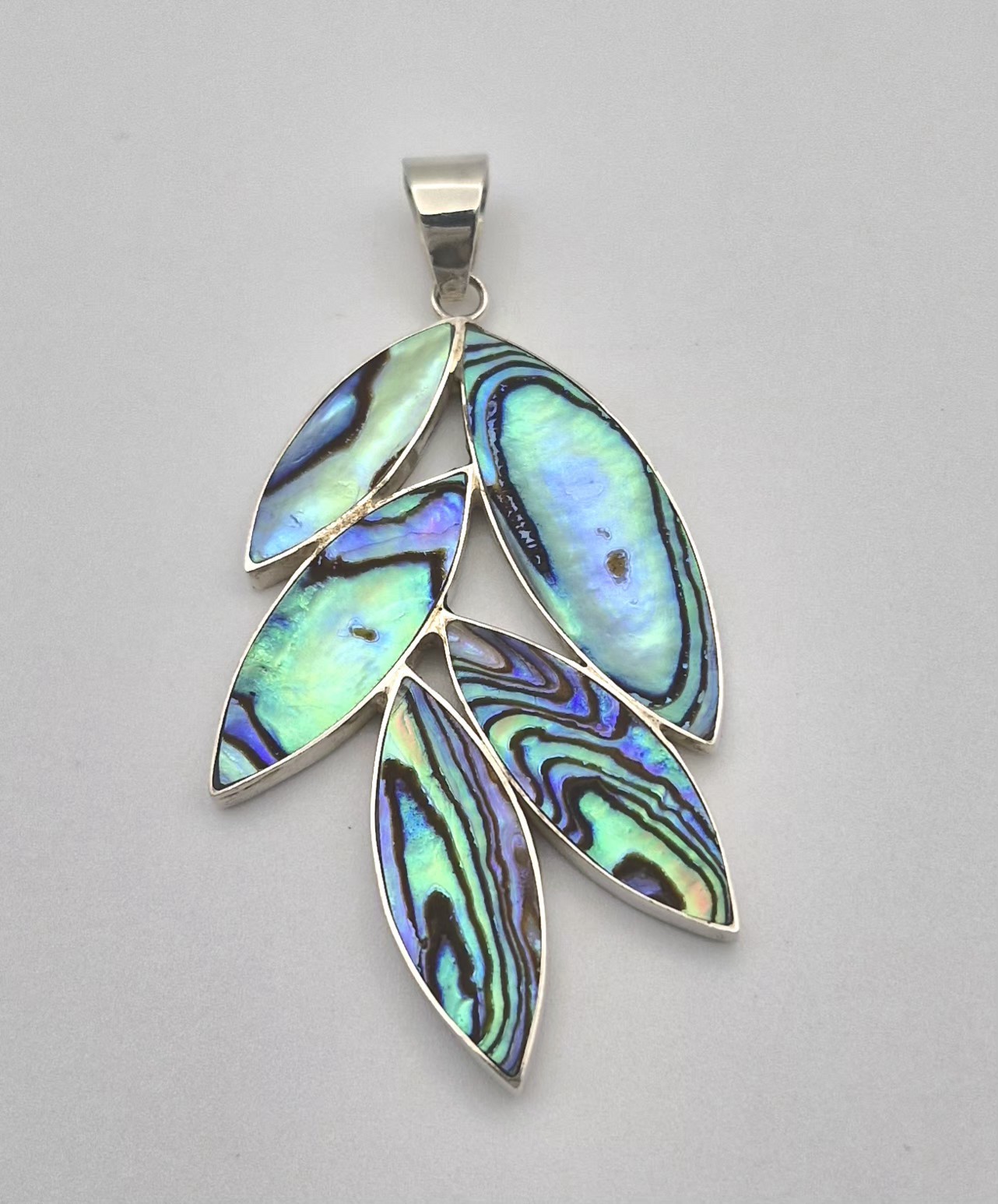 Vintage Solid Silver Abalone Paua Shell Leaf Pend… - image 7